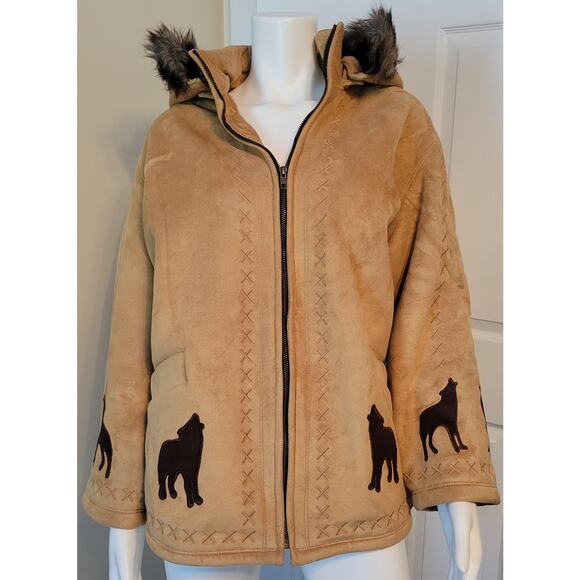 VTG Coldwater Creek Faux Suede Coat Wolves Embroidered Fur Hood Sze PL Full Zip - Picture 3 of 10